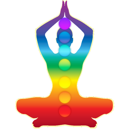 A stylized, colorful illustration of a person meditating in a cross-legged position, with hands together above their head, featuring a rainbow gradient from red at the base to purple at the top, and five colored circles aligned along the center of the body.
