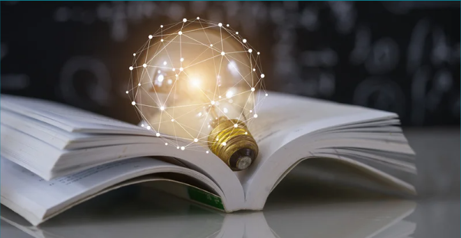 Open book with a glowing light bulb and digital network overlay on the pages.
