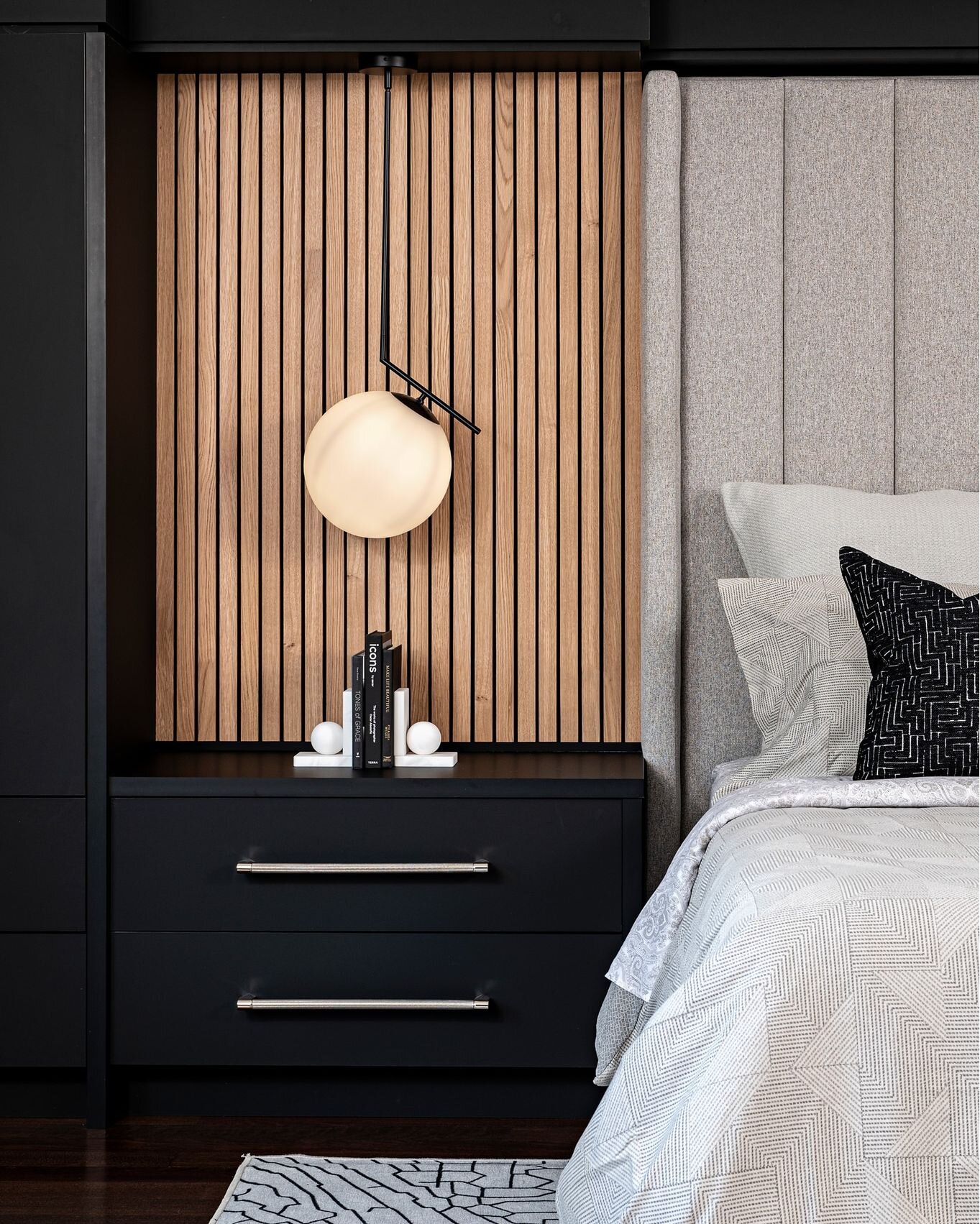 Ⓑ &mdash;PRIMARY PREVIEW 
Stay tuned as we reveal more of this stunning space featuring exquisite walnut slats at the centerpiece of this dreamy primary suite - adding warmth and elegance, complemented by sleek black built-ins for a striking contrast