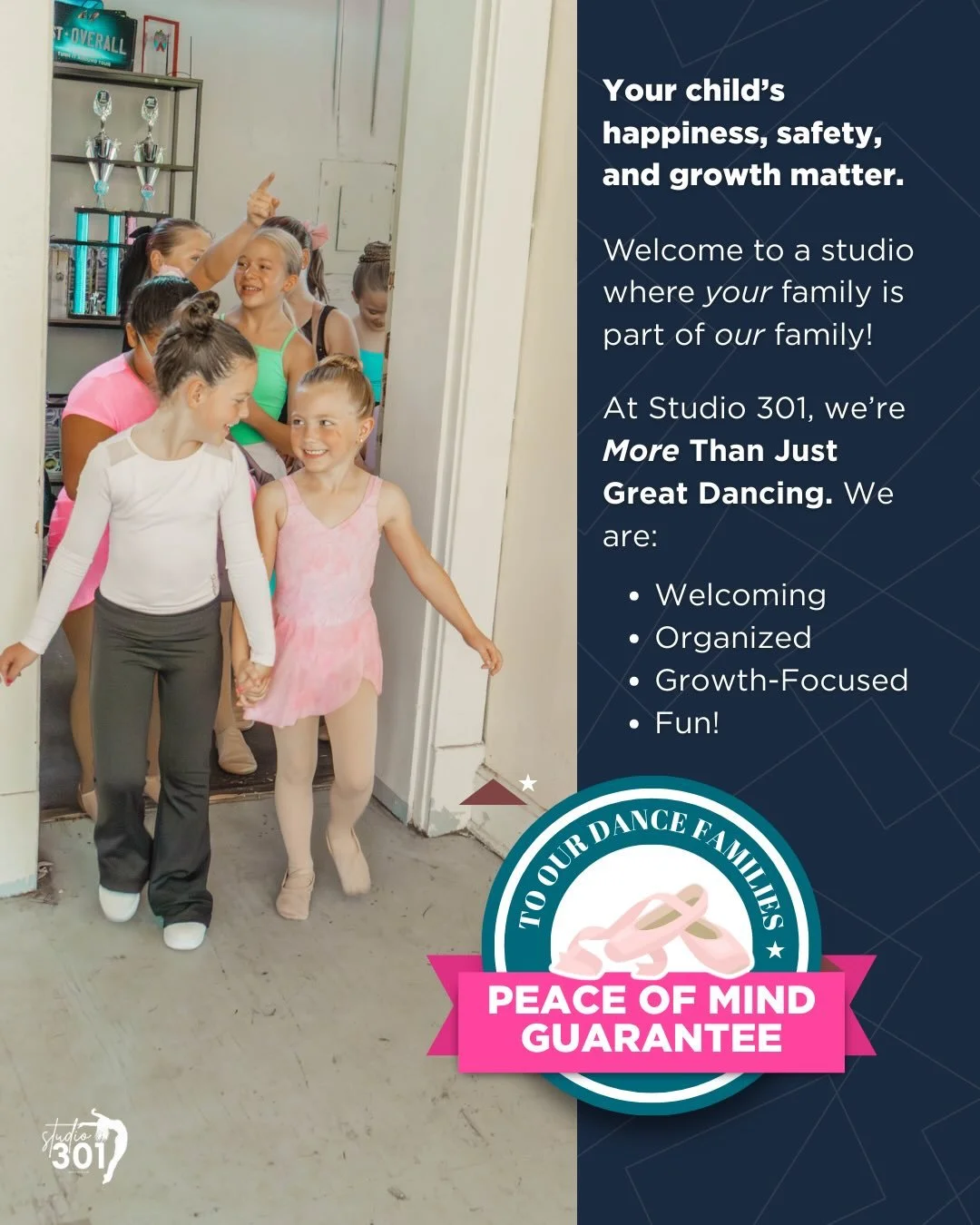 As a dance parent at Studio 301, you can feel confident that your dancer is supported, well-trained, and highly cared for on every step of their dance journey ✨👏

As a part of More Than Just Great Dancing, our dance space is so much more than a week