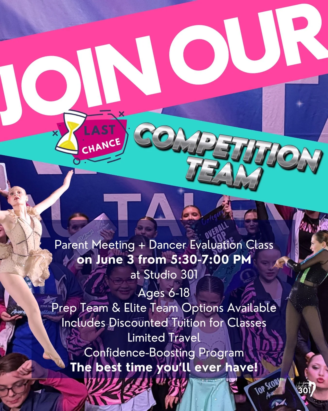 LAST CHANCE!! Join our award-winning, confidence-building, and memory-making competitive dance teams during the 2027 season!! 🏆⭐️ 

Dancer Evaluation Class + Parent Meeting is Wednesday, June 3rd from 5:30-7:00 PM. EVERY DANCER MAKES THE TEAM! See y