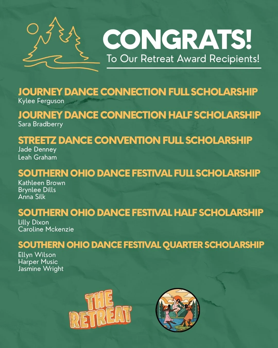 Help us congratulate the following dancers for receiving special recognition and scholarships during our AMAZING retreat event!! 😌🧡🏆 We had a wonderful time together, creating many core memories and growing as people. We always love dancing togeth