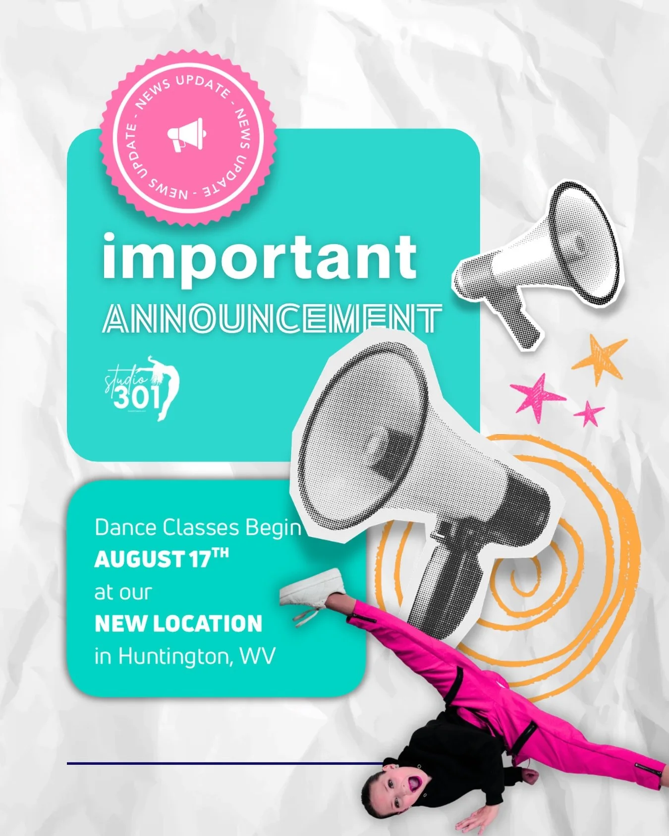 We're starting the year in our new location! 🩷 Dance classes and rehearsals begin August 17th at our new location in Huntington, WV! 

We can't wait to see you there! We still have some availability in a few of our classes. Don't miss out! 🌟