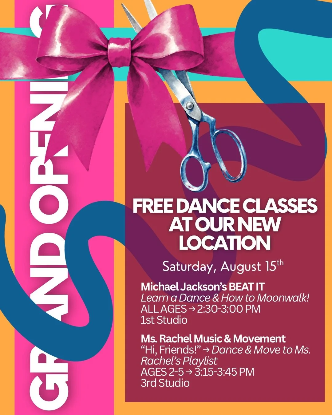 Your chance to dance at our new location is THIS SATURDAY!! 🩷🌟 During our Grand Opening, we are offering TWO Free Trial classes we KNOW you'll love!! 

No Registration - Just Show Up &amp; DANCE! 

Learn How to Moonwalk 🌝🚶 &amp; a Fun Dance to Mi