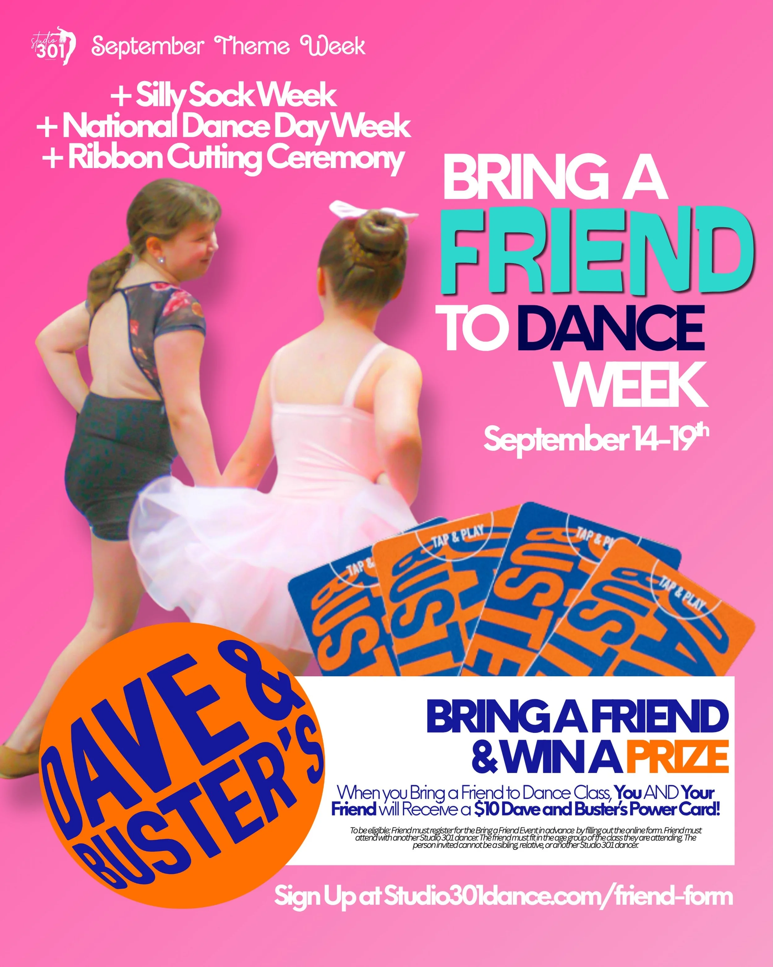Dave &amp; Buster's Night is ON US! 🎮🎯 Who are you inviting? 🌟 Bring a Friend ➡️ Win a $10 Power Card for you &amp; your bestie! 

For our 1st Theme Week in Huntington, WV, we're LEVELING UP ⬆️⬆️⬆️ Bring a Friend to Dance Week is September 14-19th