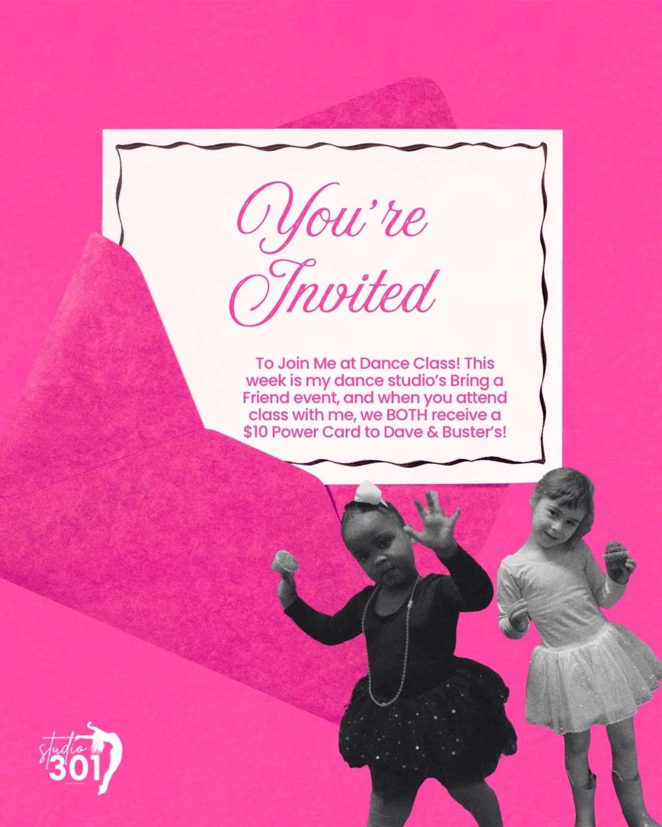 Use this image to invite your friend to dance this week! 💌 September 14th-19th is Bring a Friend to Dance Week + Silly Sock Week!! 

Have your friend sign-up here: studio301dance.com/bring-a-friend#friend-form