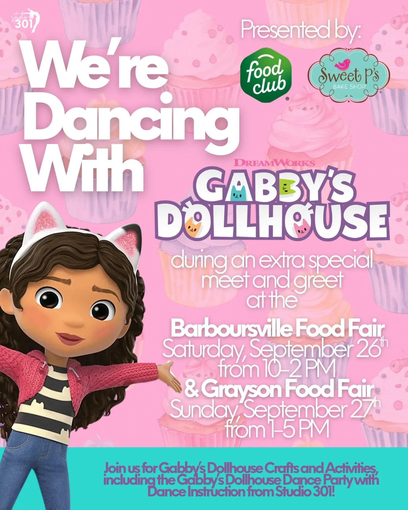 THIS. IS. SO. EXCITING!!!! Studio 301 is taking a trip outside the Dollhouse to present the Gabby&rsquo;s Dollhouse Dance Party during two OFFICIAL Meet and Greets with Gabby!

We&rsquo;re cooking up something extra sweet as we prepare to teach some 
