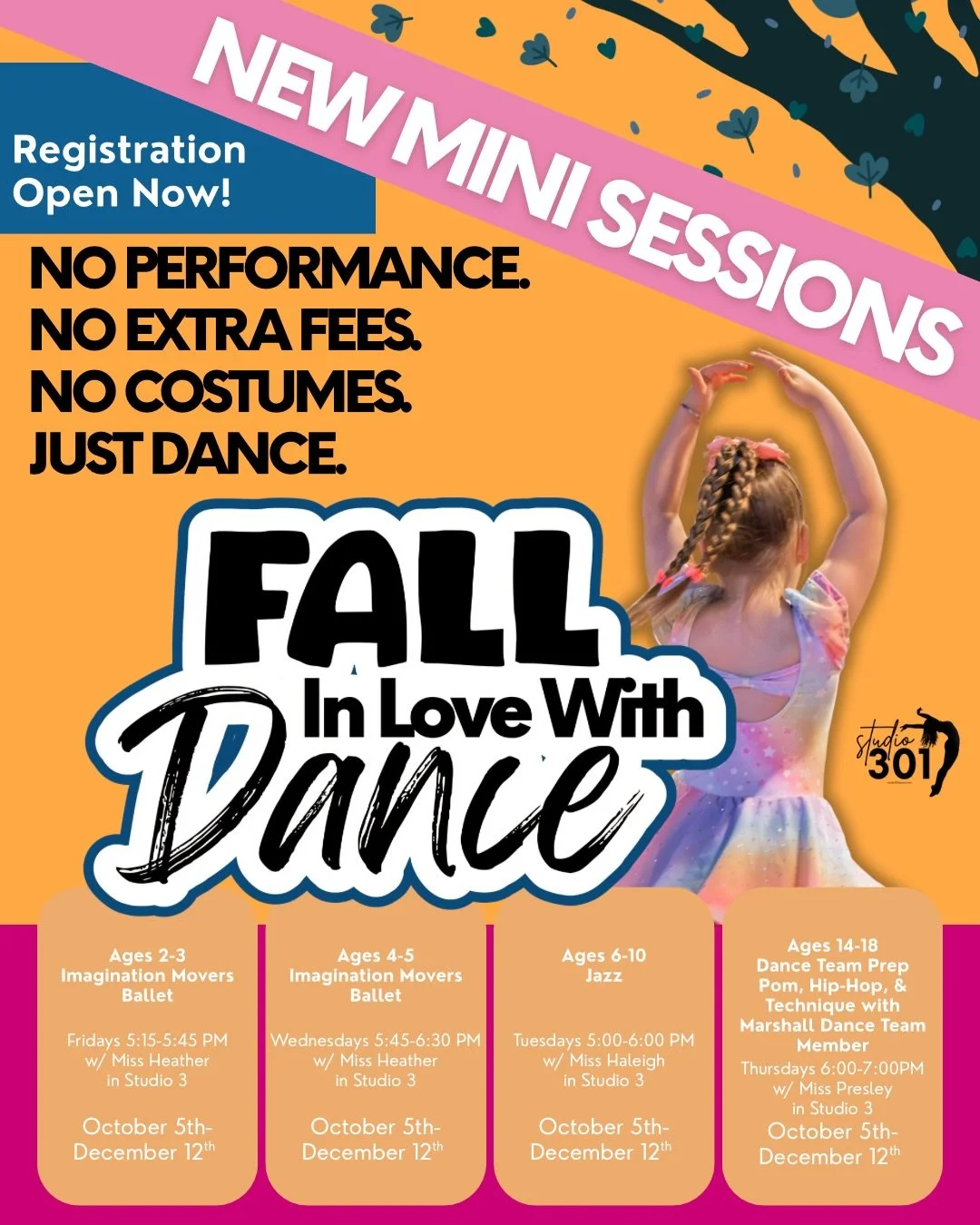 FALL 🍁 in LOVE 🩷 with DANCE 🕺 during one of our Mini Sessions!! 

No Performance. No Extra Fees. No Costumes. Just Dance! 

Mini Sessions are perfect for new dancers looking to experience the joy of dance class without performing, costumes, or any