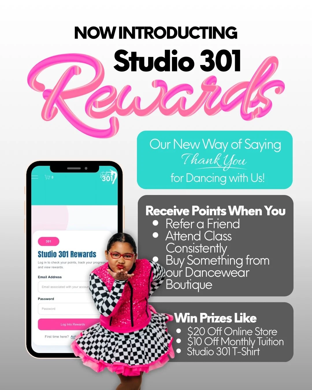 🥳🩷We always want to say THANK YOU for supporting Studio 301, and now, we have a new way of doing just that!

Now Introducing &rarr; The Studio 301 Rewards Program! 🌟We&rsquo;ve built this system in-house as a way to show our appreciation for each 
