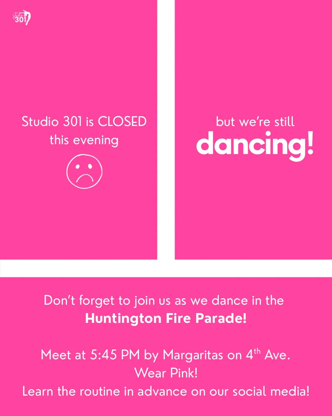 Friendly reminder >>> Even though our studio is closed this evening, you can still DANCE with us!! Join us at 5:45 on 4th Ave to dance in the Huntington Fire Parade!! All are invited!! 

🪩🩷 You can learn the routine by scrolling back on ou