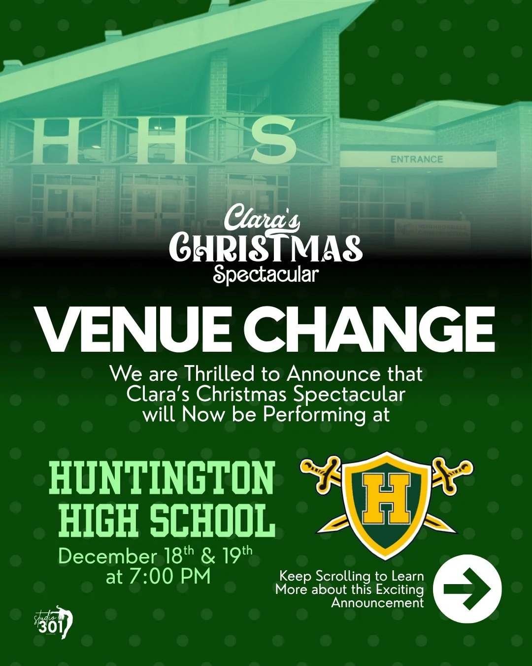 Exciting Announcement Alert! Clara&rsquo;s Christmas Spectacular will now be hosted at Huntington High School on December 18th-19th! 🎄⭐️ >> Here&rsquo;s why we&rsquo;re so excited!

After 4 wonderful years producing holiday shows in partnershi
