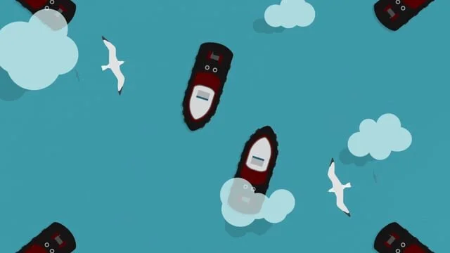a thumbnail for the Shipping Ballet video. A top-down view of animated boats in the ocean, with seagulls and clouds passing overhead.