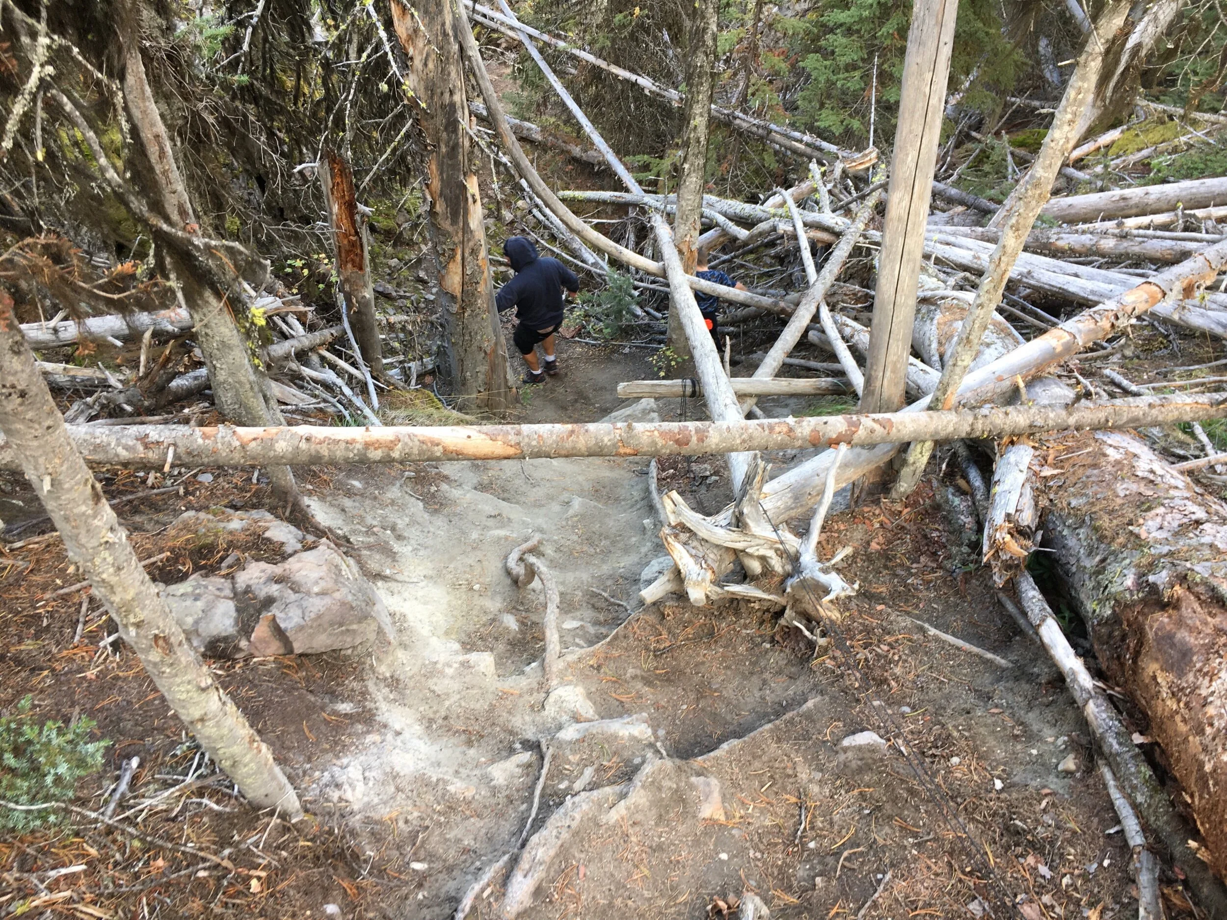 The steep descent down, careful footings, and use of the ropes help with this risky trail section Shuswap Adventure Girl