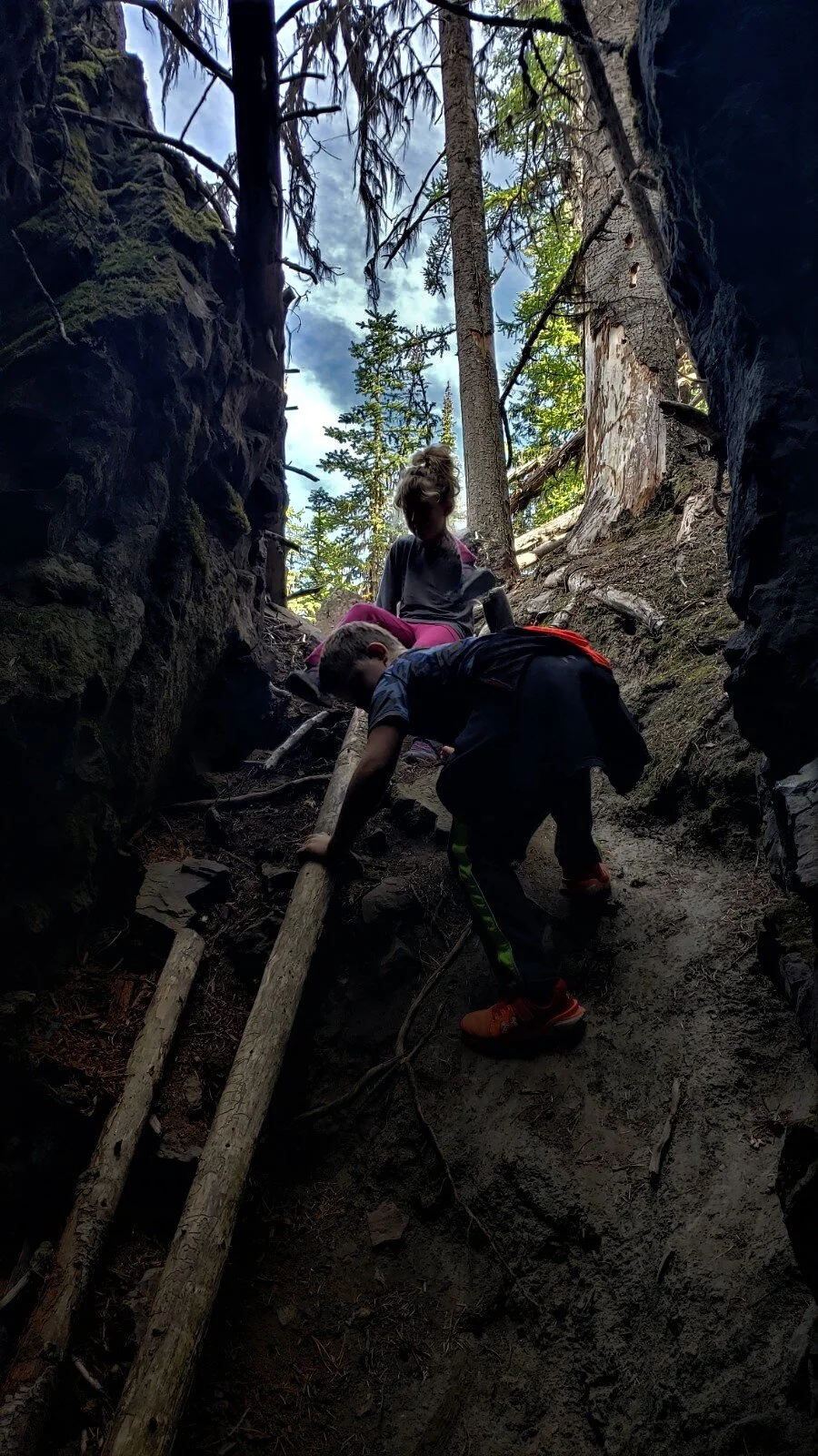 The kids scaling down the Rim Rock Trail Shuswap Adventure Girl
