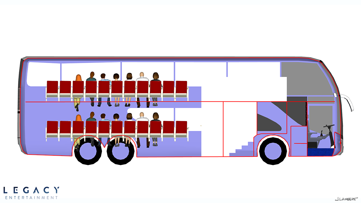 Cross-section illustration of a double-decker bus ride system with seats and passengers, showing the interior layout including the driver's area and stairs. - Strategic experiential brand design | Legacy | Jason Lambert Design