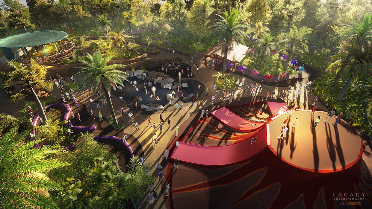 An aerial view of an amusement park surrounded by lush tropical trees. The park features a large colorful volcano slide, a restaurant, a playground with a small dinosaur round ride, and various paths filled with visitors. 3D Rendering | Legacy | JLD