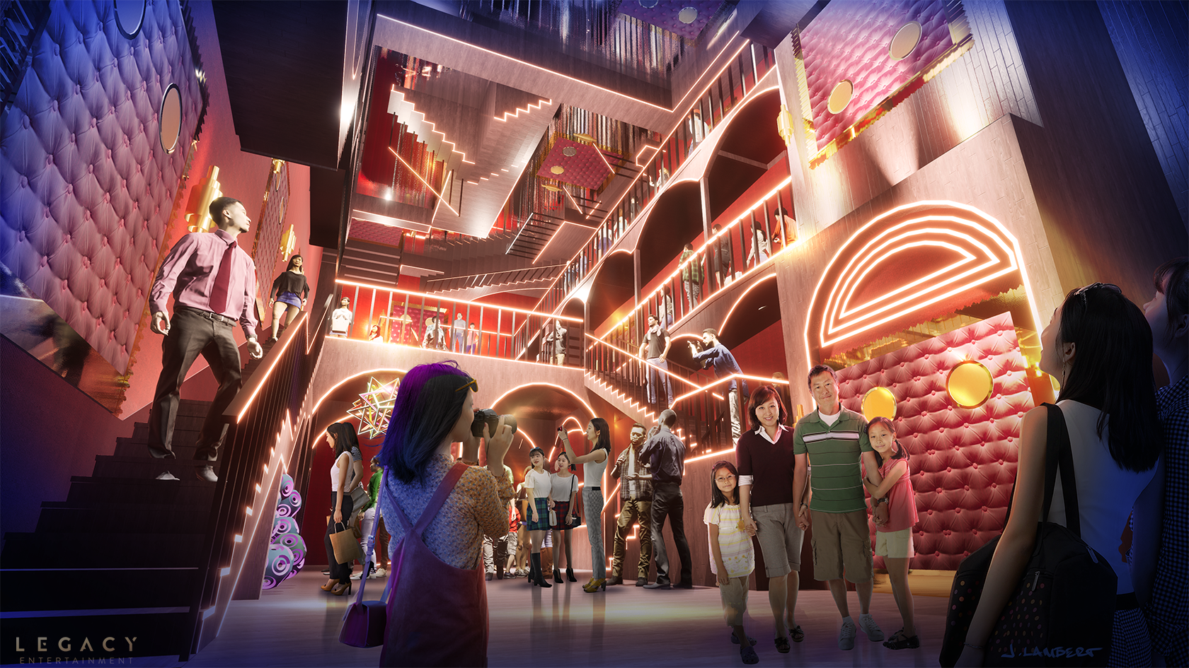 People inside a modern, multi-level nightclub or entertainment venue with colorful neon lights, illuminated design elements, and multiple floors with balconies. Some individuals are taking photos, while others are on stairs or conversing.