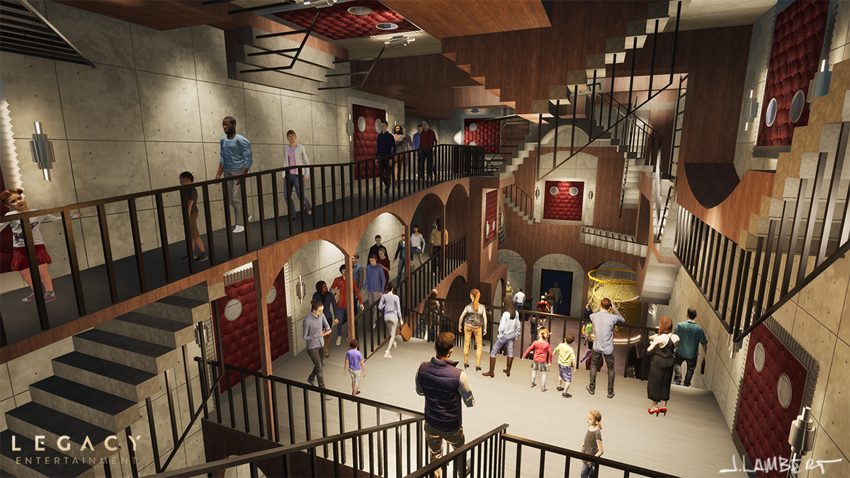 Interior view of a multi-story entertainment or museum space with people walking on different levels, staircases, and decorative red wall panels.