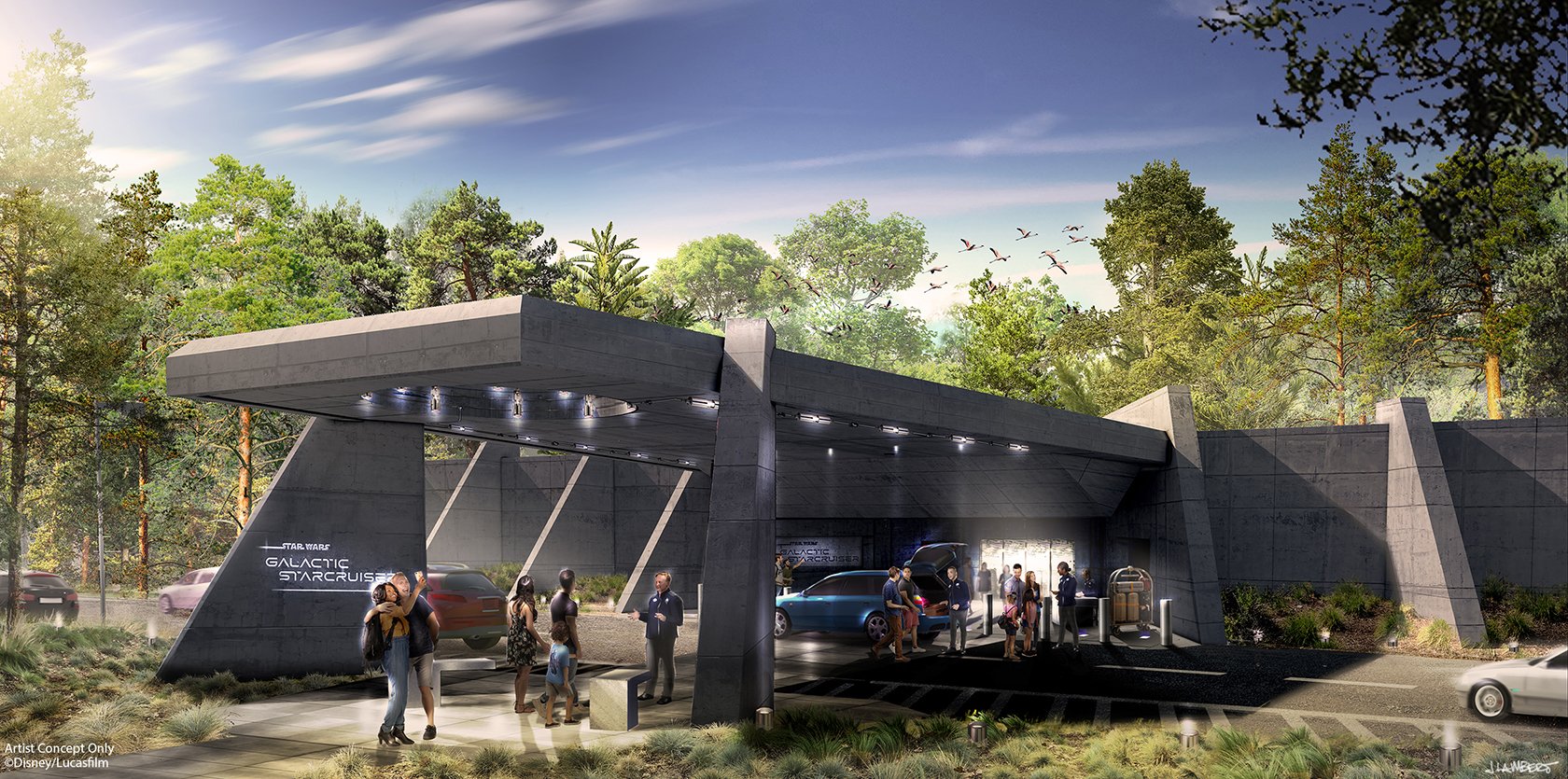 A concept art of the Star Wars Galactic Starcruiser hotel entrance with people and vehicles nearby, surrounded by trees and a partly cloudy sky.