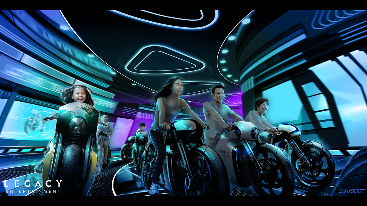People riding futuristic, Lotus motorcycles inside a high-tech, neon-lit tunnel with digital displays and city views. | Legacy | JLD
