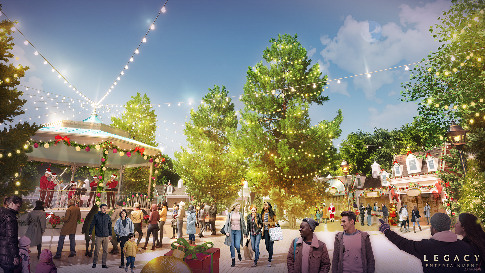 A lively outdoor Christmas scene with a large decorated tree, holiday lights, & festive buildings, with a band playing music and people enjoying the holiday atmosphere. - 3D composited rendering | Legacy | JLD