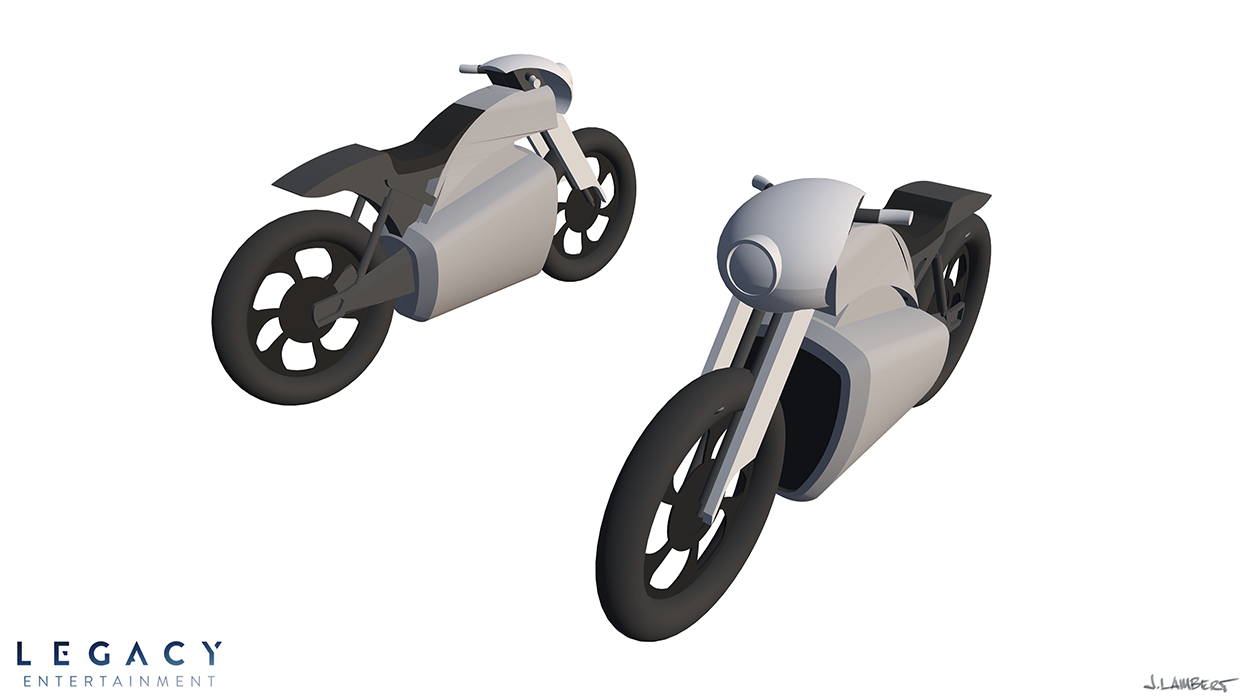 Digital rendering of two futuristic, Lotus Motorcycles with black tires, designed for a carousel set against a white background.