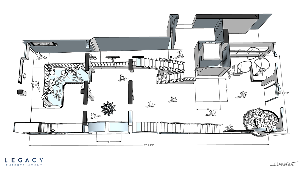 Floor plan of a children’s entertainment or play center with slides, climbing areas, and open play spaces, including dimensions and layout details.