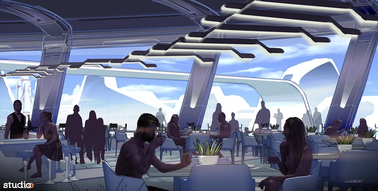 Futuristic space lounge with large windows, abstract white structures outside, people sitting and standing, some using phones, and a barista preparing drinks. The interior features modern furniture and a stylized, sleek design.