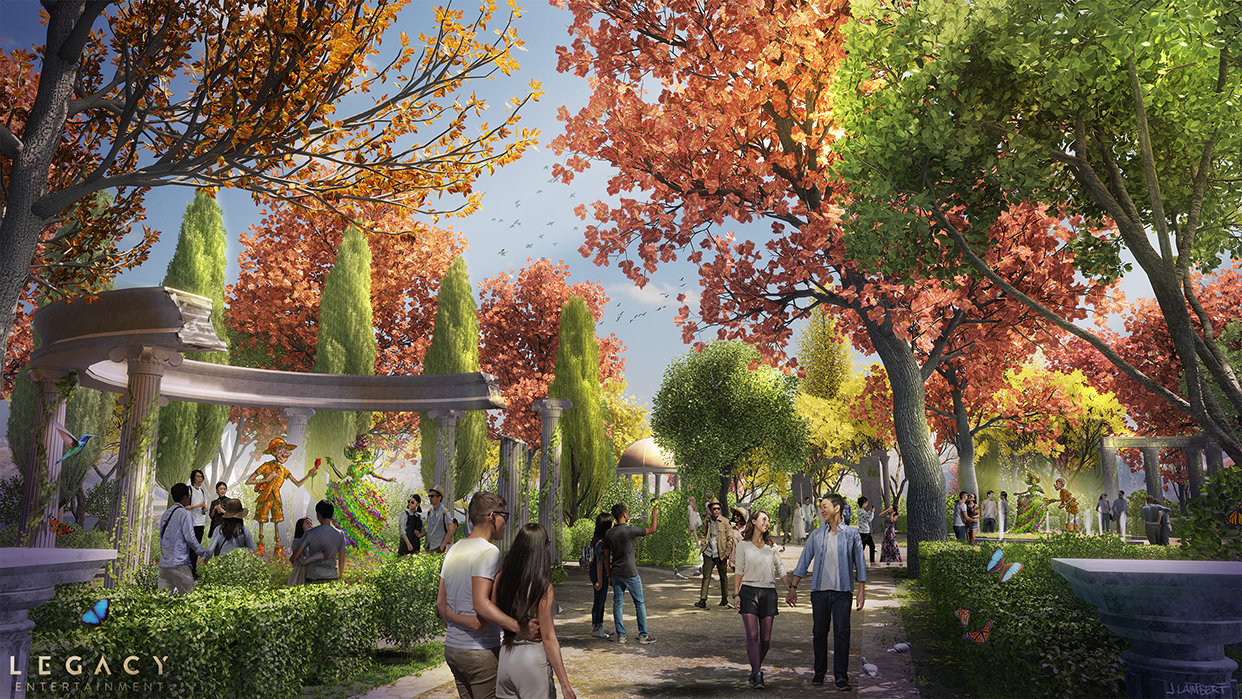 A lively park scene with colorful autumn trees, people walking and talking, and statues of topiary performers and ballerinas in the background.- Experiential 3D rendering & site planning | Legacy | JLD