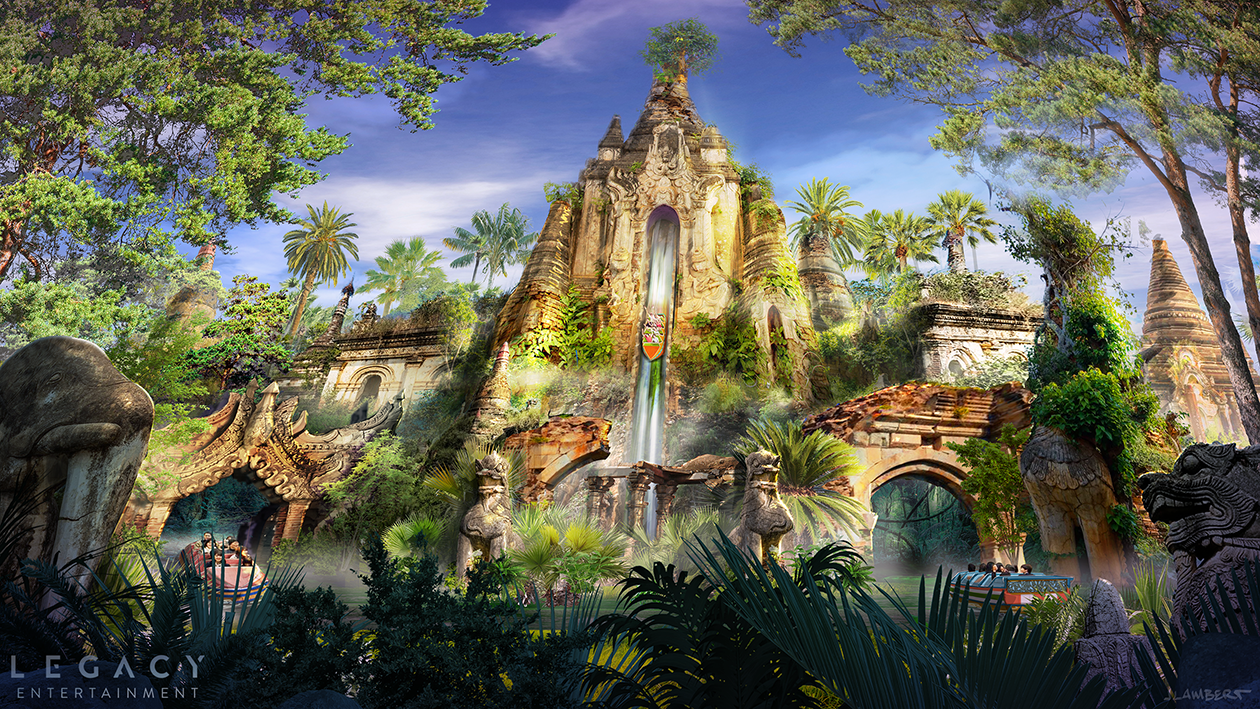 An ancient temple surrounded by lush green jungle and tall trees, with a flume ride waterfall flowing down the center of the temple and a boat carrying visitors in the foreground. Concept Art Rendering | Legacy | Jason Lambert Design