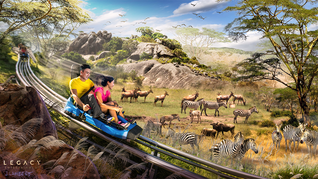 Two people on an alpine roller coaster ride through a savanna with zebras, antelopes, and rocky hills in the background. Concept Art | Legacy | JLD