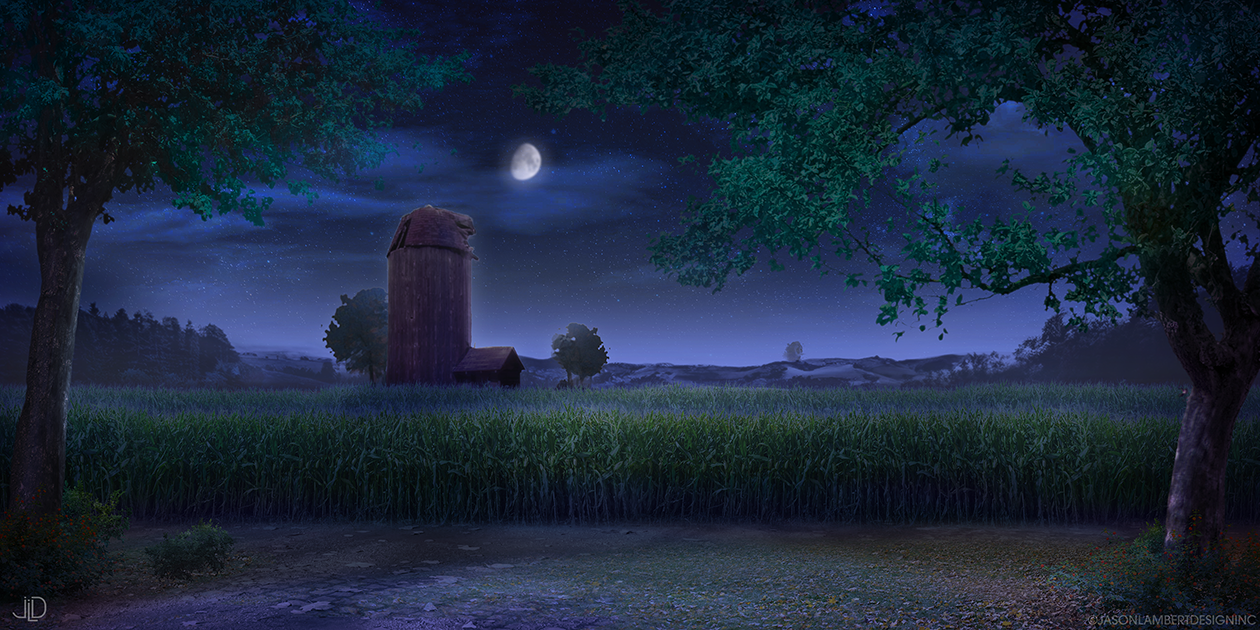 A peaceful nighttime scene with a full moon, stars, and a dark blue sky. There are two trees framing a field of tall grass, and a barn and silo are visible in the distance.