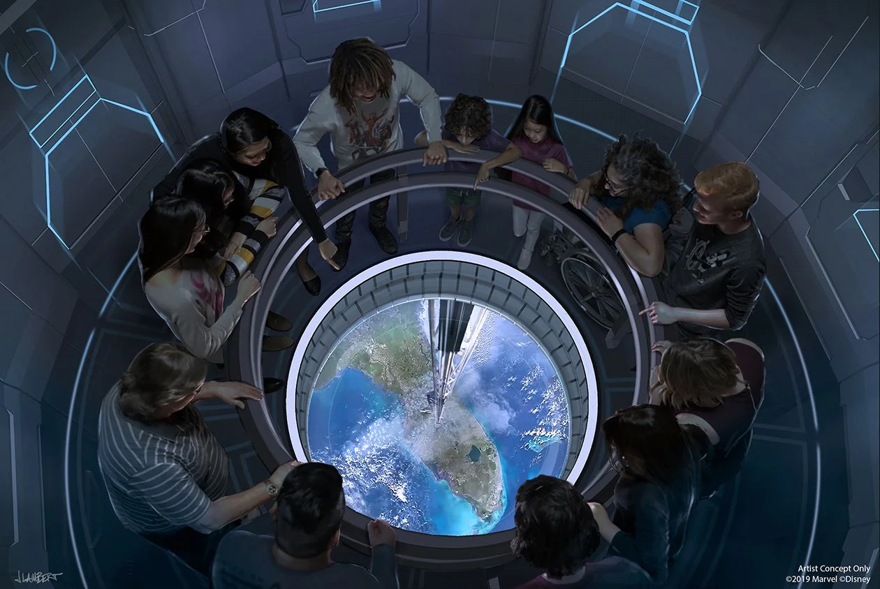 Space 220. Group of people observing a view of Earth from space inside a space elevator with walls displaying glowing blue hexagonal patterns.