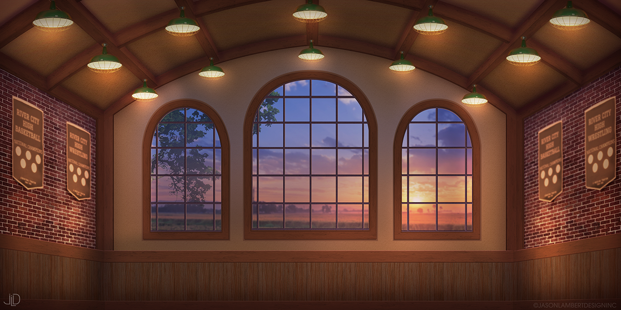 Interior of a gymnasium with large arched windows showing a sunset, brick walls with banners, and hanging ceiling lights.