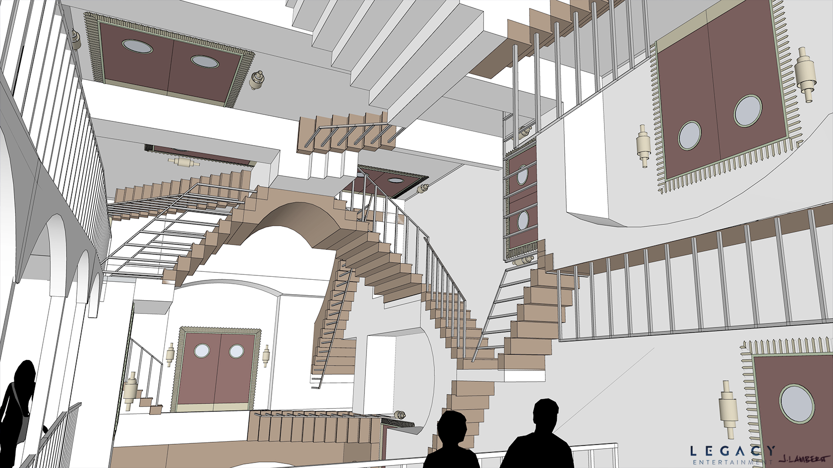 Interior architectural design sketch showing multiple staircases, open spaces, and double doors with circular windows. The space features modern decor with wall-mounted lights and upholstery. Silhouettes of two people are present in the foreground.