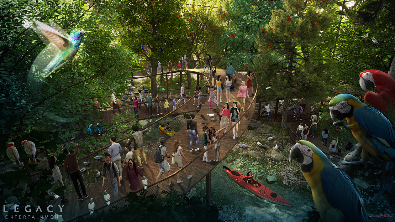 People walking on a curved wooden walkway through a lush, green forest with trees and birds, a woman in a red kayak floats down a waterway, and large colorful parrots and a hummingbird in the foreground. Concept Art | Legacy | JLD