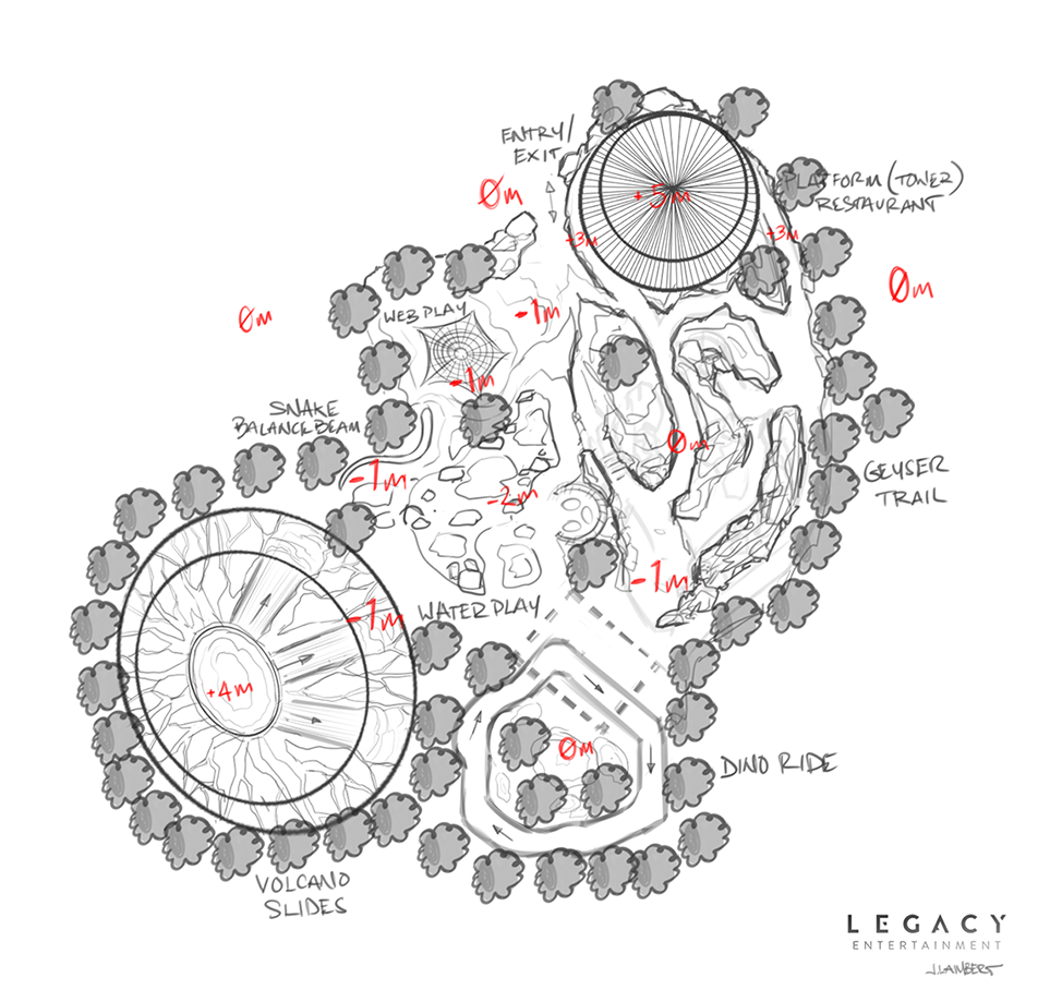 A detailed park layout map showing various attractions, including water features, a volcano slide, a web play area, a snake balance beam, a dinosaur ride, and a geyser trail, with measurements and annotations.