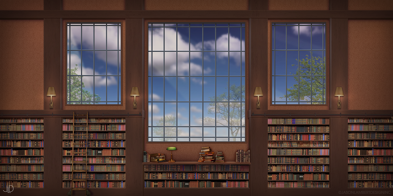 Music Man - A large interior library with tall wooden bookshelves filled with books, three large windows with a view of blue sky and trees outside, and wall-mounted lamps. - 5-week fast-track field execution | ESCAPE | JLD