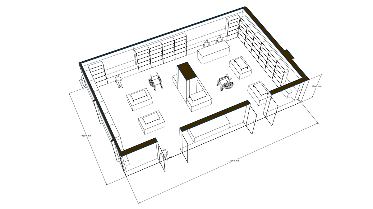 A 3D floor plan of a room with various furniture, shelving units, and wheelchair accessible fixtures.