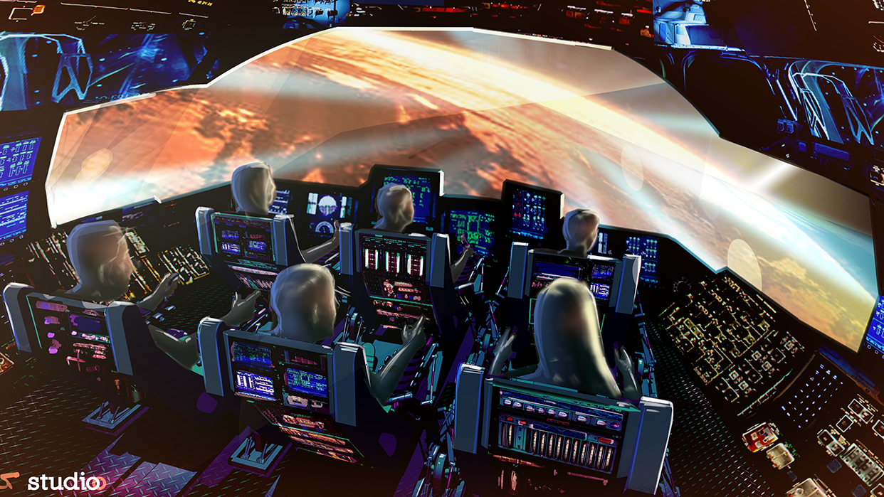 Interior of a spaceship cockpit with six crew members wearing headsets, looking at large panoramic screen showing Mars from space at sunset.