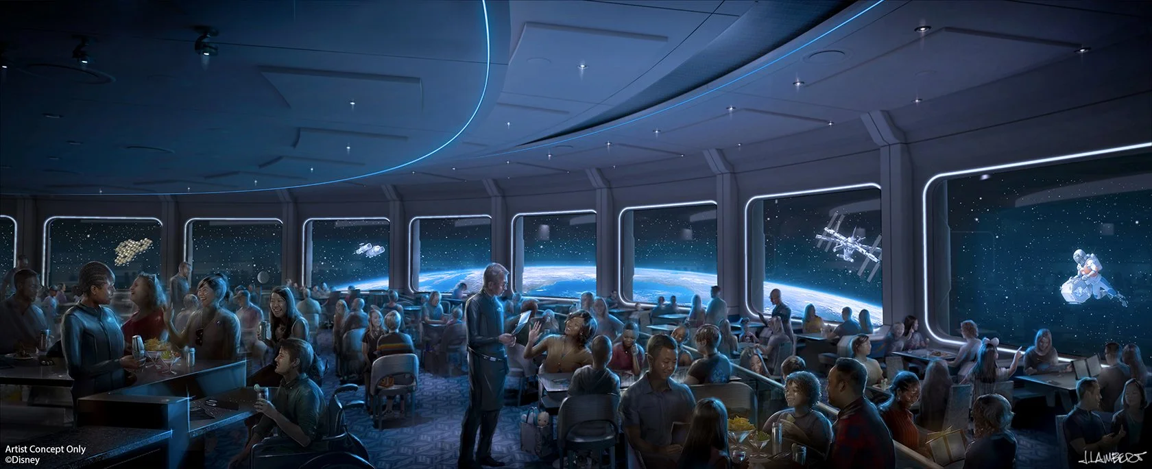 Space 220. Futuristic space-themed restaurant at EPCOT with large windows showing Earth, stars, and space stations outside, filled with people dining and socializing.