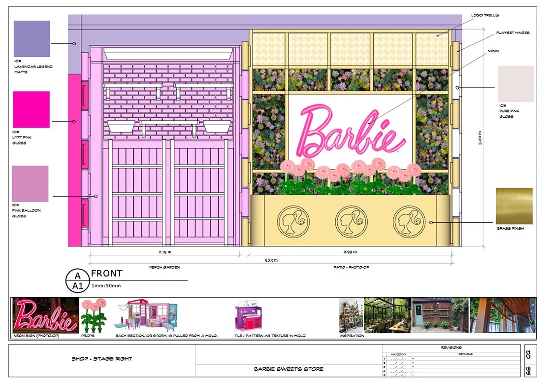 Design plan for a Barbie-themed store facade with colorful flowers, a large pink 'Barbie' sign, and decorative elements in pink, yellow, and gold.