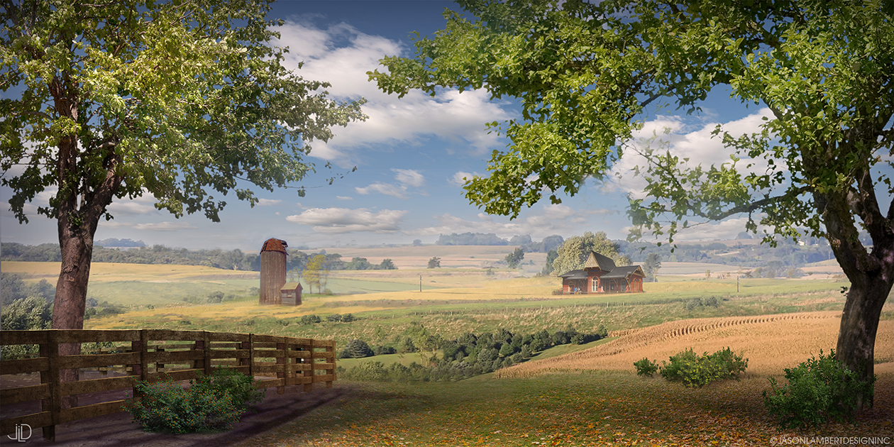 A rural landscape with large trees framing a distant farm, including a barn, a silo, and a house, under a partly cloudy sky.