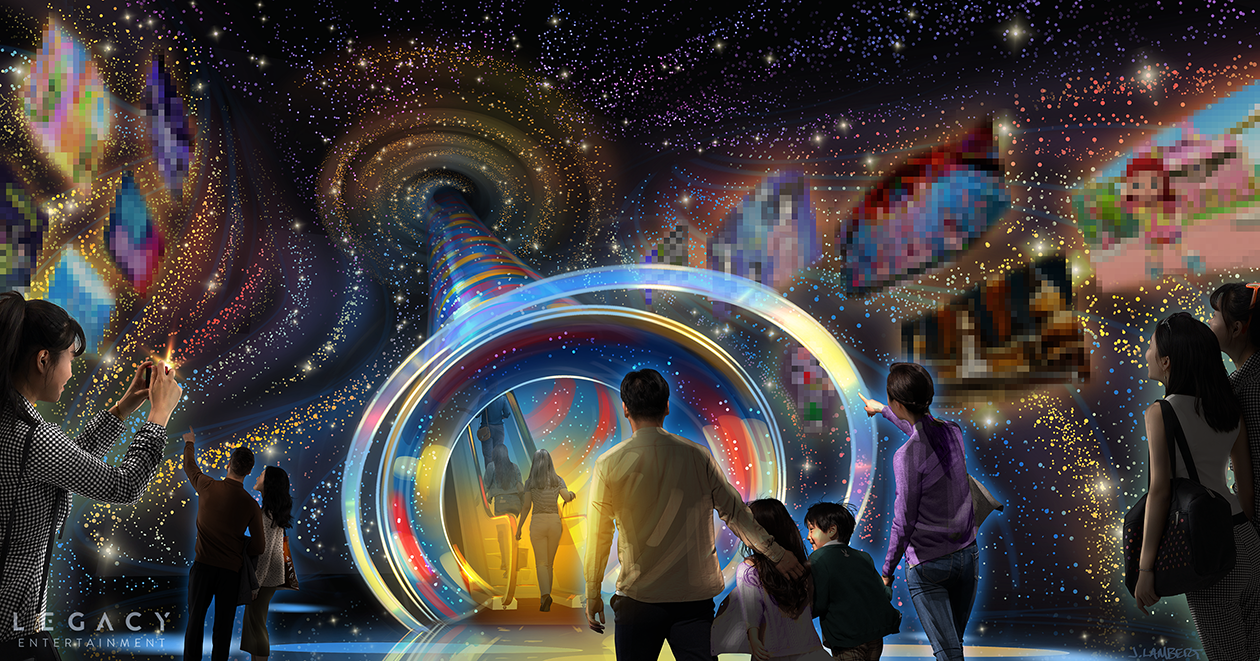 People walking through a colorful digital tunnel with galaxy and pixel art elements. - rendering for high-capacity venue | Legacy | JLD