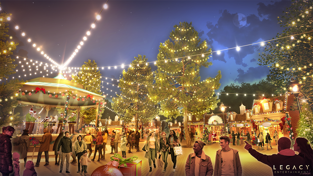 People enjoying a festive Christmas market with string lights, decorated trees, and Christmas decorations at night. - 3D composited rendering | Legacy | JLD
