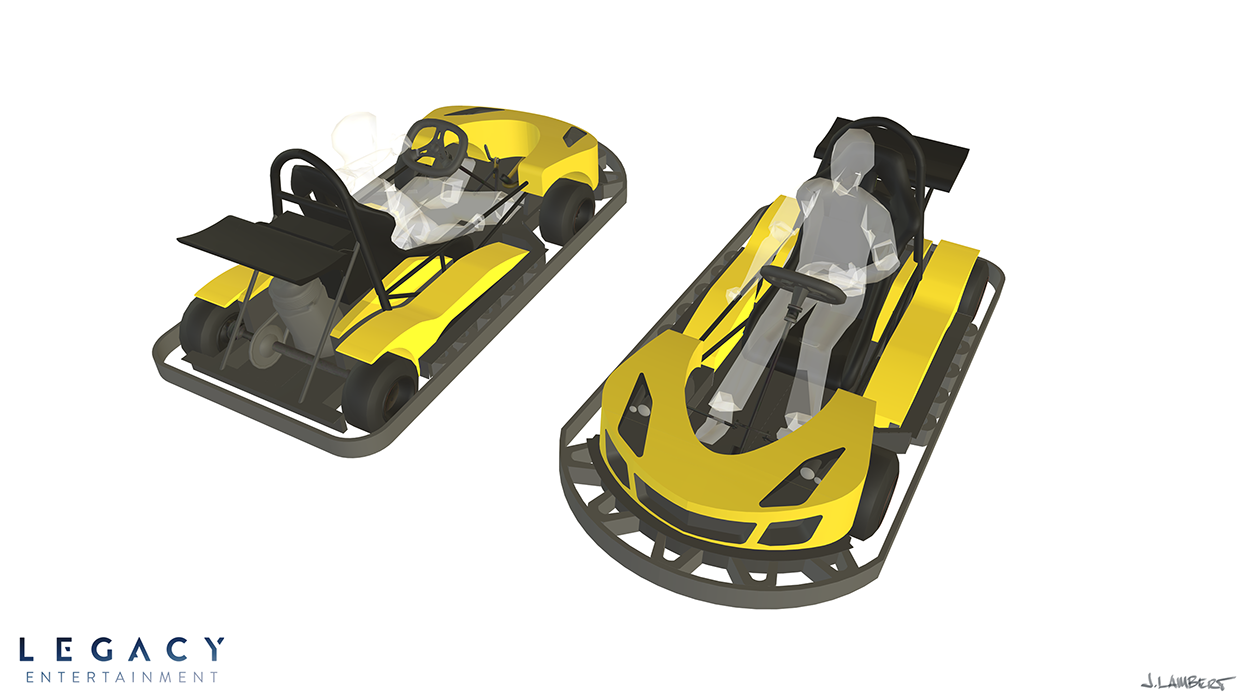 Two views of a yellow and black, Lotus Motors slick track vehicles with seat and steering wheel. One view from the front, one from the back. Both viewed from above.