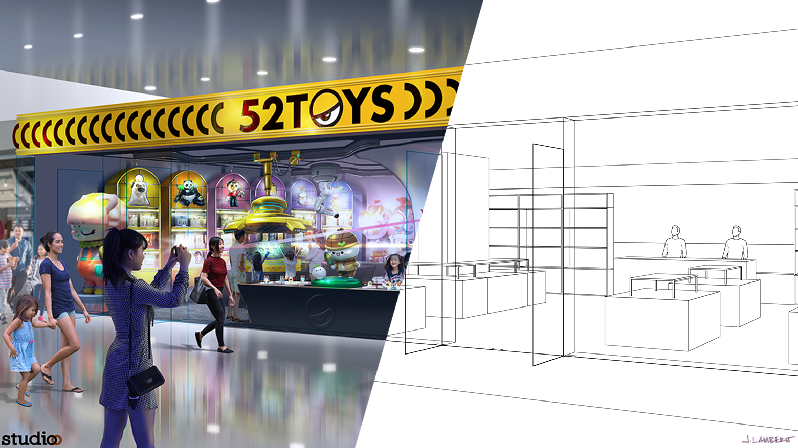 An indoor toy store named '52 TOYS' with children and adults shopping, colorful plush toys and statues displayed, and some people taking photos, along with an outline sketch of the toy store interior.