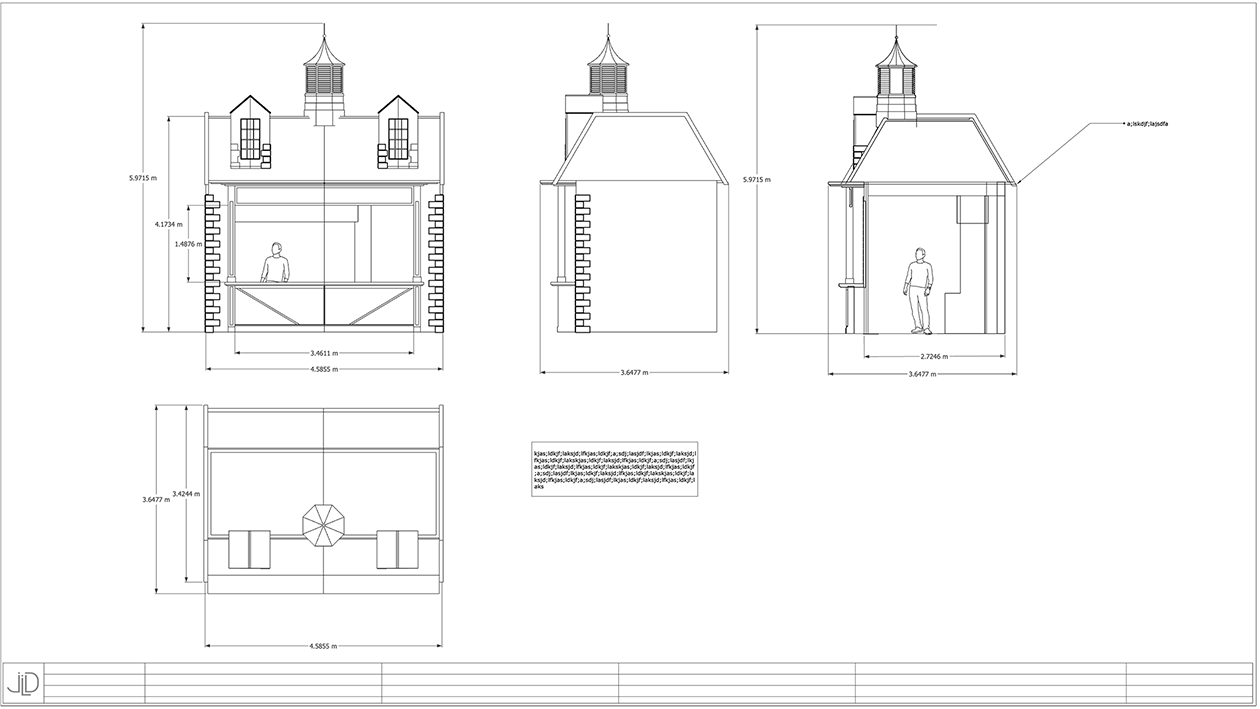 Schematics of a small shop with measurements, showing front, side, and top views, including a person for scale and architectural details like windows, roof, and decorative elements.