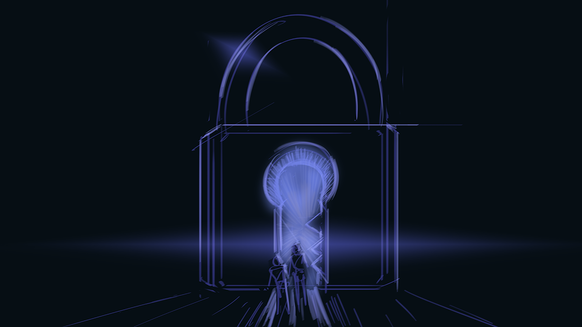 Digital line drawing of a door with a keyhole, glowing in blue and purple neon colors on a dark background.