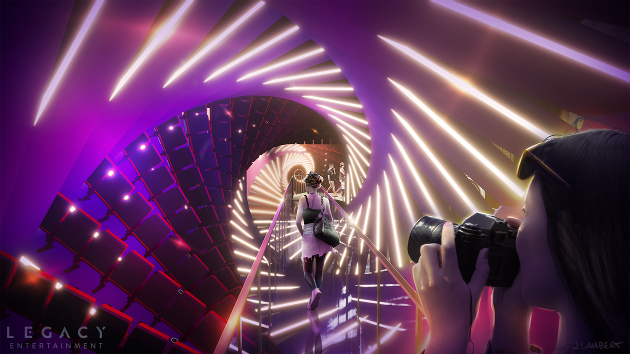 A woman taking a photograph of a person walking through a futuristic, spiral-lit tunnel with purple and pink neon lights, with empty seats along the sides.